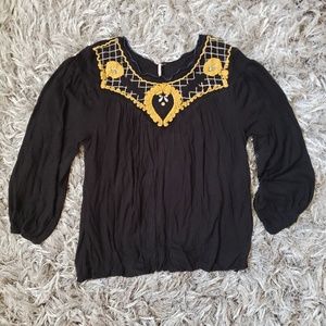 Free People Black Long Sleeve Crepe Peasant Top
